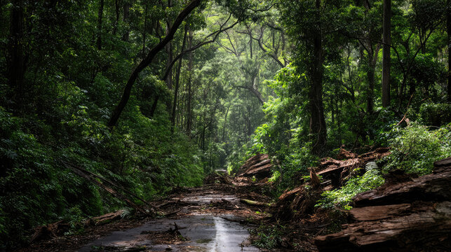 Path in the forest with village landslide road concept. Lush forest pathway illuminated by soft, natural light. - Powered by Adobe