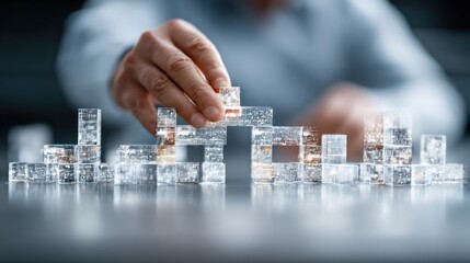A hand carefully positions translucent blocks, forming a miniature city landscape on a reflective surface.