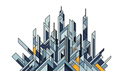 An abstract, fragmented city skyline composed of sharp geometric shapes in shades of blue, grey, and orange, creating a modern architectural illustration.