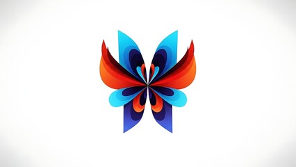 A vibrant abstract design resembling a butterfly with multi-colored symmetrical wings in blue, red, and orange tones.
