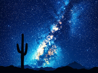 Desert saguaro and mountains silhouetted against a luminous blue starry sky, showcasing a bright, beautiful galactic core