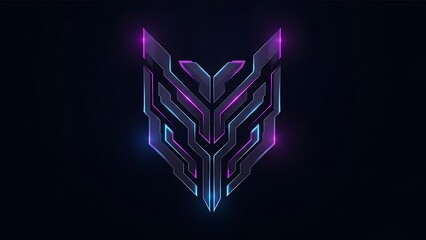 A striking digital illustration of a futuristic, glowing neon wolf or panther mask with intricate cyberpunk elements on a dark background.