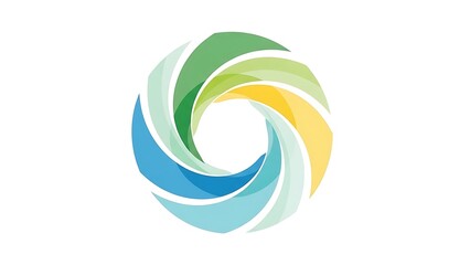 An abstract circular logo design with swirling segments in vibrant shades of green, yellow, and blue on a white background.