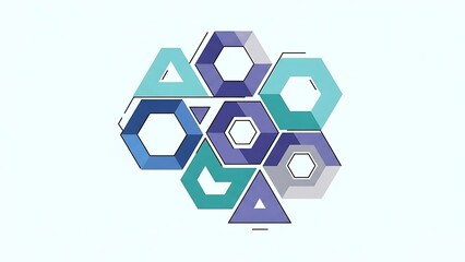 A cluster of interconnected hexagonal and triangular shapes in various shades of blue and green, forming an abstract pattern on a light background.