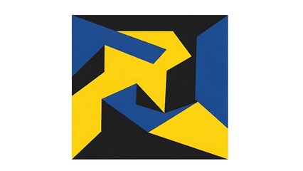 A bold geometric abstract design within a square frame featuring interlocking yellow arrow-like shapes against contrasting blue and black background elements.