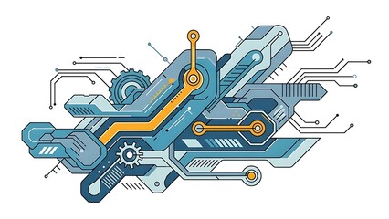 A highly detailed and intricate illustration of a futuristic mechanical device or abstract circuit board with gears, lines, and various components in blue and orange.