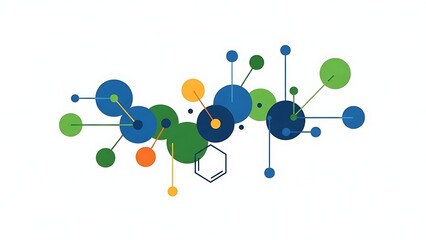 An abstract representation of a molecular structure or network connection with colorful circles and interconnecting lines on a white background.