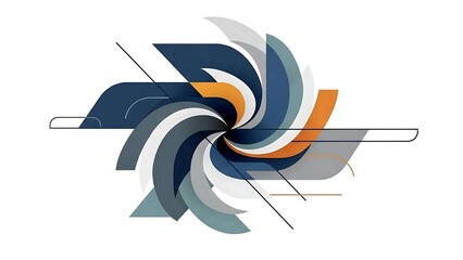 A dynamic abstract design composed of swirling geometric shapes in shades of blue, orange, grey, and white against a clean white background.