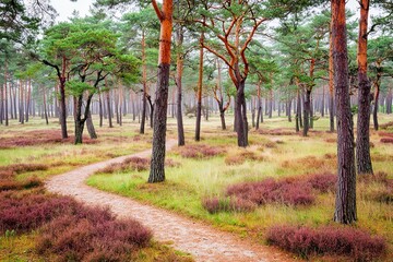 Winding path through heather and pine trees in a tranquil forest
