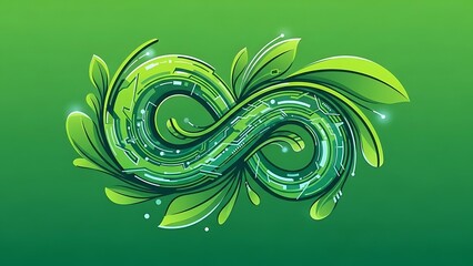 A vibrant green infinity symbol elegantly intertwined with lush leaves and subtle glowing circuit patterns, symbolizing sustainable technology and environmental innovation.