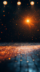 Dynamic burst of orange light, golden particles falling onto a shimmering dark floor from overhead spotlights