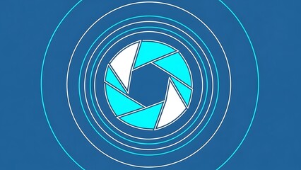 A stylized camera aperture or iris mechanism with blue and white blades is centered on a solid blue background.