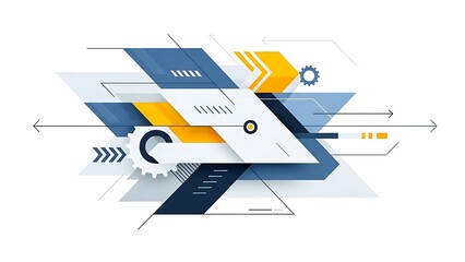 A dynamic abstract technological background integrating interconnected geometric shapes, arrows, and gear elements in a sleek blue, white, and yellow color scheme.