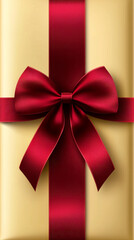 Elegant golden present wrapped with a textured red ribbon and a perfectly tied, rich red bow in the center