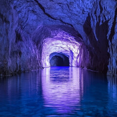 Enchanting water-filled cave tunnel glows with vibrant purple and blue light, reflecting on the still surface into the darkness