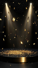 Falling golden confetti fills a dark, spotlight-lit stage, sparkling with celebratory glitter