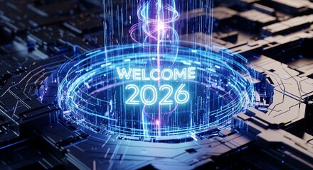 Futuristic Welcome 2026 Hologram Display in Digital Cityscape with Neon Glow