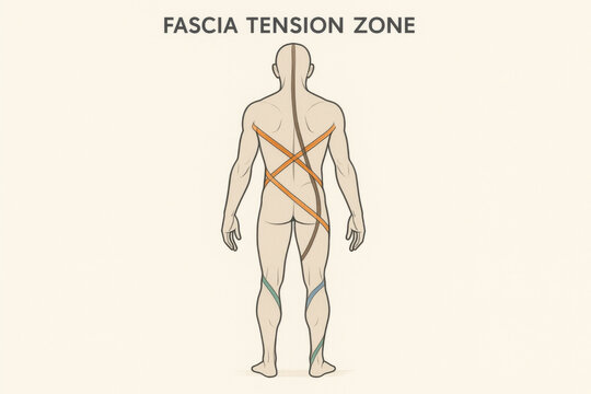 Fascia tension zone medical illustration showing human body anatomy. posterior view depicts fascia lines as color coded pathways under strain for educational purposes