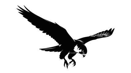 Striking Black Silhouette of a Falcon in Mid-Flight Isolated on White