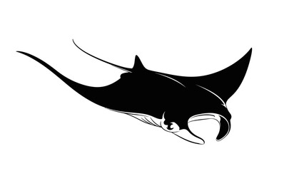 Striking Black Silhouette of a Majestic Manta Ray Swimming Gracefully on a White Background