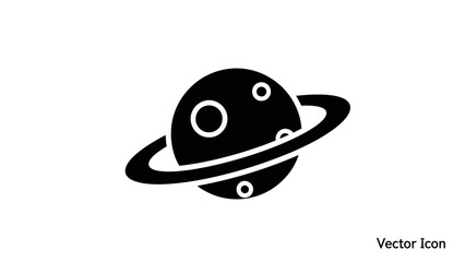 Stylized black and white vector icon of a ringed planet in space © n_laeli