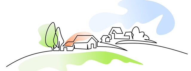 vector illustration of a mountain landscape, Landscape with village houses on hill. Continuous one line drawing.