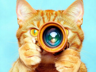 Ginger cat holding camera lens to its face, with bright yellow eyes and paws, against a light blue background