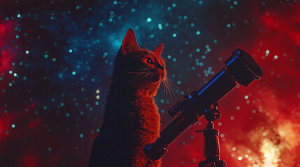 Glowing red cat with a telescope observing a cosmic background of blue and red sparkling lights