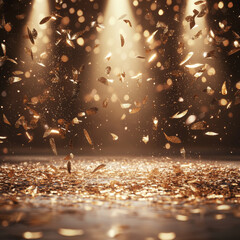 Golden confetti and glitter pieces fall onto a reflective surface, illuminated by warm spotlights against a dark, bokeh-filled background