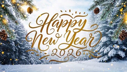 Happy New Year 2026 Typography on Bright Winter Pine Landscape
