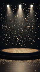 Golden confetti falls on a black stage and floor under bright spotlights, creating a celebratory and grand scene
