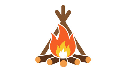 A simplistic campfire icon with burning flames and logs on a white background