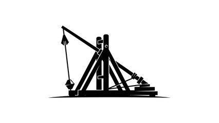 A stark black silhouette of a medieval trebuchet weapon on a white background