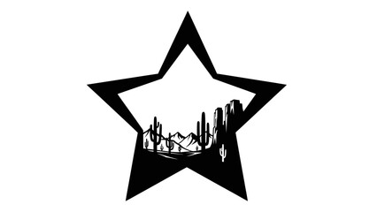 A stark black star silhouette frames a desert landscape filled with saguaro cacti and mountains