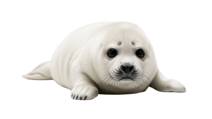 Adorable white baby seal pup looking at camera while lying down isolated PNG with Transparent Background