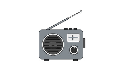A vintage grey portable radio with an extendable antenna and tuning dial
