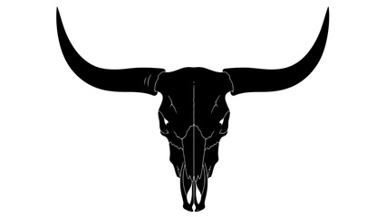 Black Silhouette of a Longhorn Bull Skull with Prominent Curved Horns