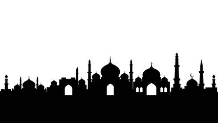 Black silhouette of a majestic mosque skyline with domes and minarets against a white background