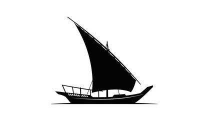 Black Silhouette of a Traditional Dhow Sailboat on a White Background