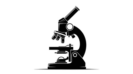 Black silhouette of a scientific microscope on a white background