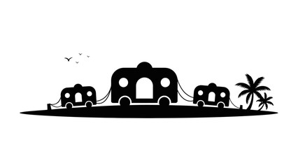 Black silhouette of three caravans parked on a beach with palm trees and birds in the sky