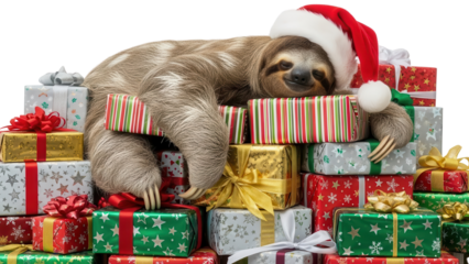 Adorable Sloth in Santa Hat Resting on a Pile of Christmas Presents isolated PNG with Transparent Background