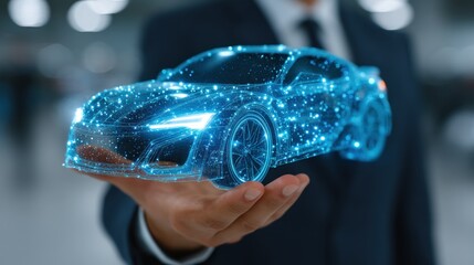A digital rendering of a car model, displayed in a hand, showcases futuristic design elements.
