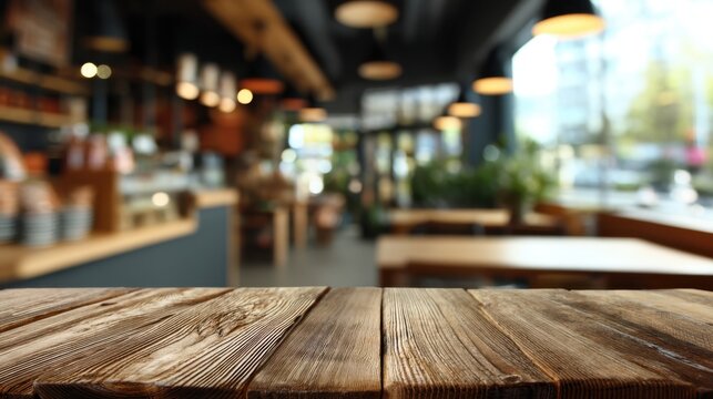A wooden table is in the foreground with a blurred view of a cafe in the background where people are sitting and enjoying their time. Plants are visible near the windows.
