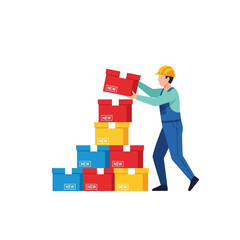 Man in hard hat stacking boxes, delivery and logistics concept