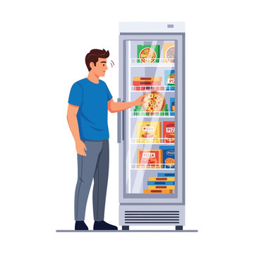 Customer selecting a frozen food item from a commercial display fridge, illustrating modern grocery shopping