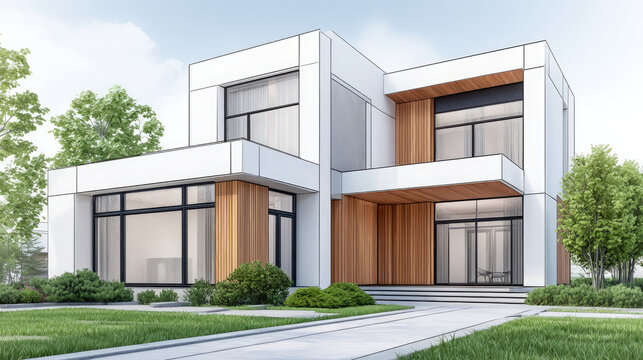 Sketchup for easy to use 3D modeling in architecture and interior design concept. Contemporary house design featuring wooden and glass elements.