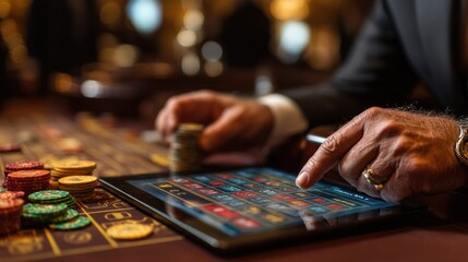 A man's hands manipulate digital casino chips on a tablet, showcasing the integration of technology in gambling.