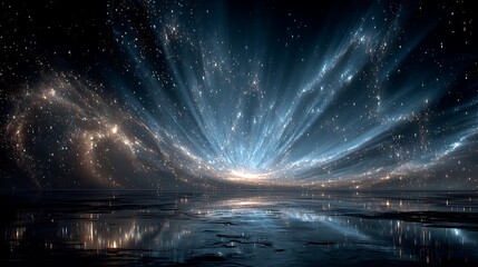 Cosmic Nebula with Stars and Reflections on Wet Surface galaxy space