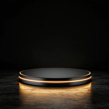 Minimalist black circular podium with golden glowing light, casting reflections on a dark, textured floor and deep black background